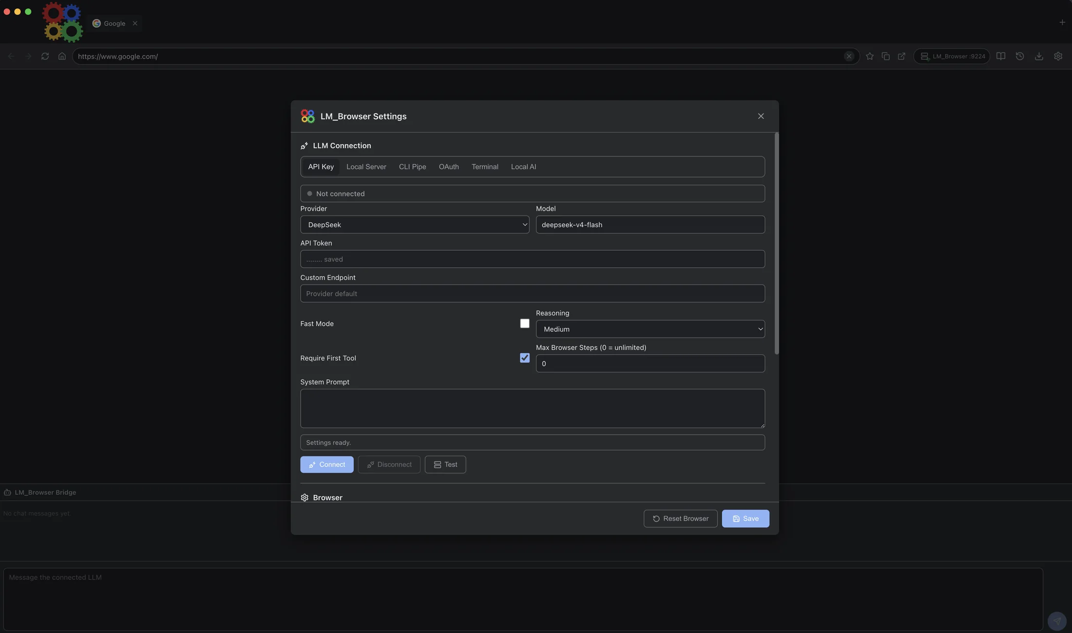 LLM Browser API key connection settings.