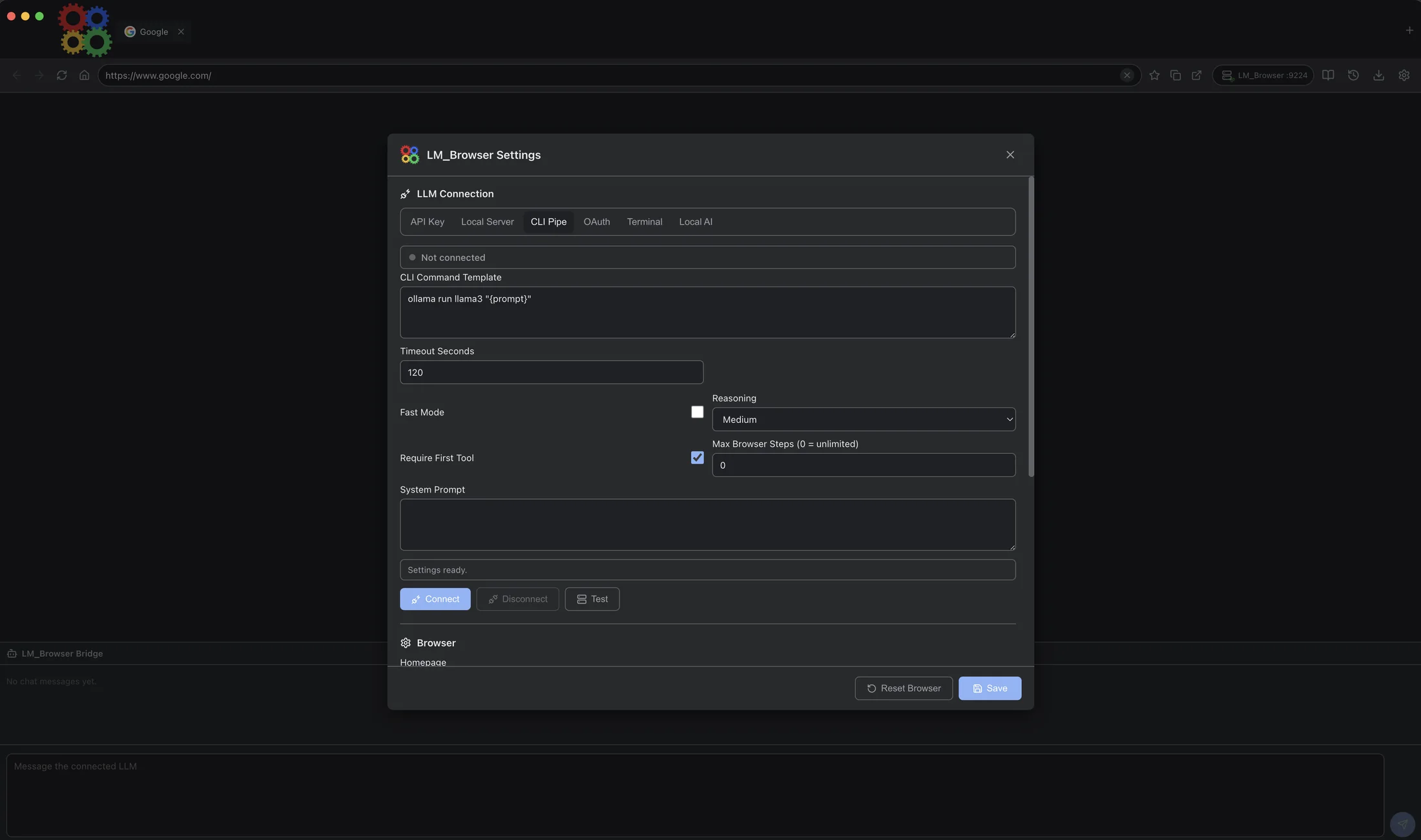 LLM Browser CLI pipe settings.