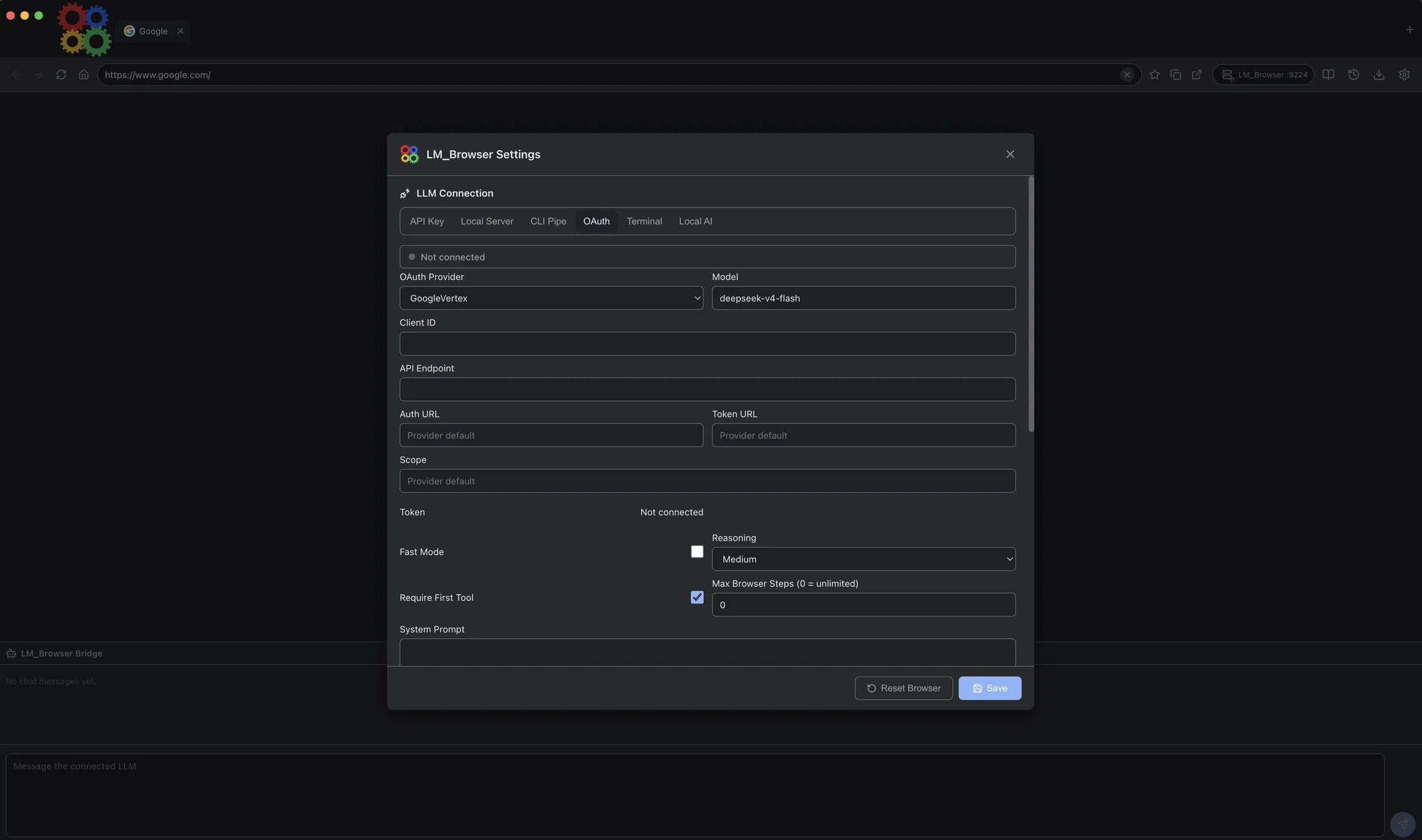 LLM Browser OAuth settings.